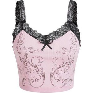 Women's Floral Print Contrast Lace Cami Top Spaghetti Strap Sleeveless Crop Tops